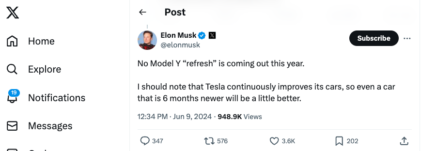 Screenshot of Elon Musk's X (formerly Twitter) feed where he said there were no plans for a Tesla Model Y update in 2024